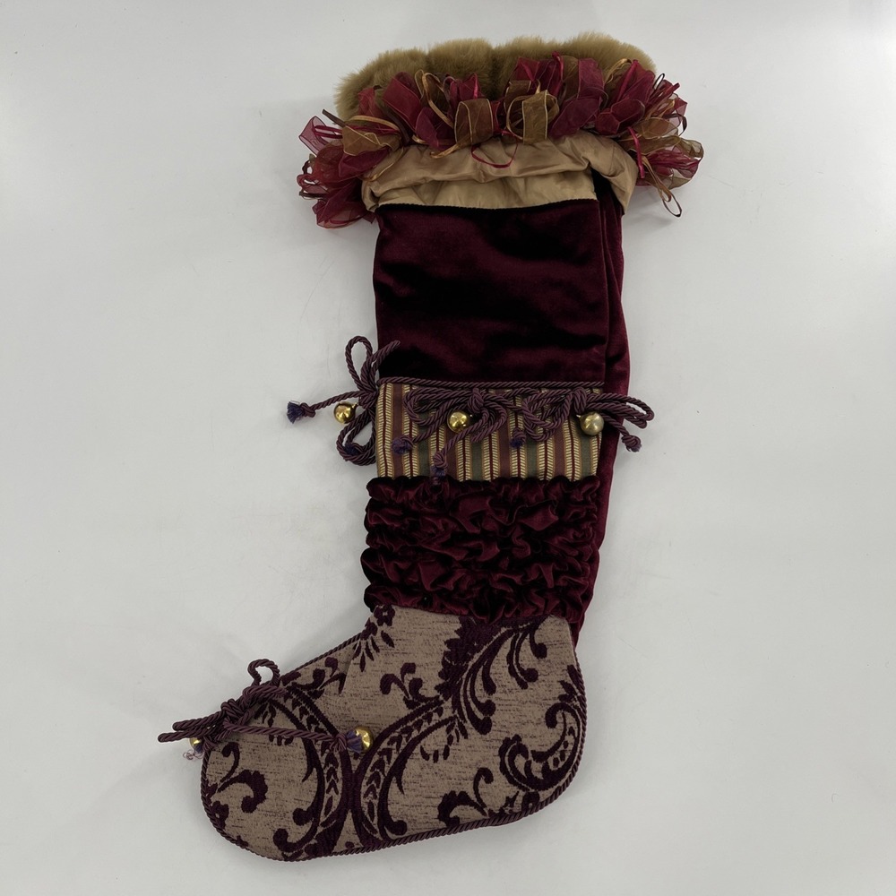 Victorian Luxury Christmas Stocking Fabric Brocade Velvet Faux Fur Ribbons Bells